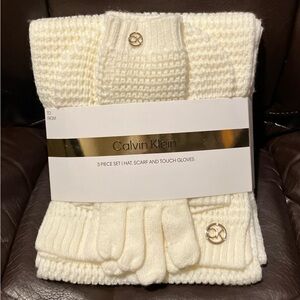 Calvin Klein Ivory Knit Hat, Scarf, and Gloves Set